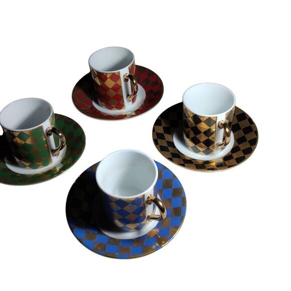 Neiman Marcus Japan Vintage Demitasse Espresso Cup & Saucer Set of 4 Gold Diamon - Picture 12 of 15